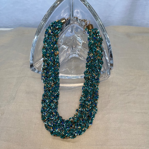 Collar-length blues & gold artisnal beaded necklace (18-20") - Picture 2 of 10